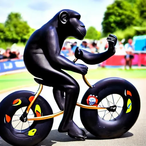 Image similar to futuristic monkey riding bike with donut wheels in the tour the france