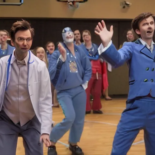 Image similar to closeup promotional image of an David Tennant as Doctor Who at a polka dance-off contest at the YMCA basketball gym, around the gym cybermen and daleks and captain jack are clapping, in the background the Tardis door is wide open, frenetic, quirky, movie still, promotional image, imax 70 mm footage, 4K