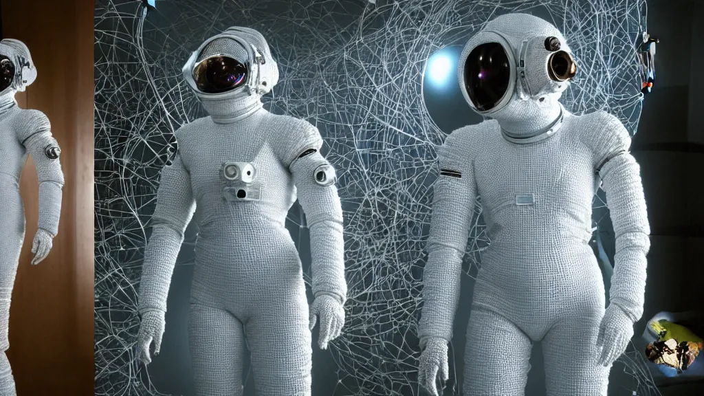 Image similar to a cybernetic symbiosis of a single astronaut eva suit made of pearlescent wearing knitted yarn thread infected with diamond 3d fractal lace iridescent bubble 3d skin covered with stalks of insectoid compound eye camera lenses floats through the living room, film still from the movie directed by Denis Villeneuve with art direction by Salvador Dalí, wide lens,