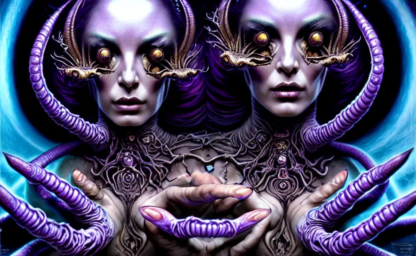 Image similar to A beautiful detailed alien goddess woman with 6 arms super dark tarot card, gorgeous model face by Stanley Artgerm, by tomasz alen kopera and Justin Gerard, 4 eyes, beautiful symmetrical features, ominous, magical realism, melting, texture, intricate, ornate, royally decorated, melting, whirling smoke, embers, purple adornments, blue torn fabric, radiant colors, fantasy, trending on artstation, volumetric lighting, micro details, 3d sculpture, ray tracing, 8k, anaglyph effect