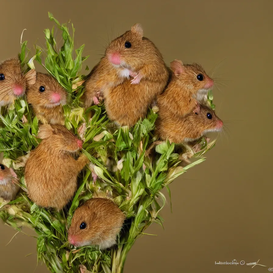 Image similar to a bouquet of harvest mice, high definition, national geographic, award winning, god rays, 8k, 35mm wide angle photograph