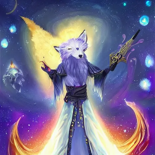 Image similar to a painted avatar portrait of an awesome cosmic powerful kitsune fox mage being themed around death and the stars and the cosmos, covered in flowers, holding an enchanted dagger, in the style of dnd beyond avatar portraits, beautiful, artistic, elegant, lens flare, magical, lens flare, nature, realism, stylized, art by jeff easley