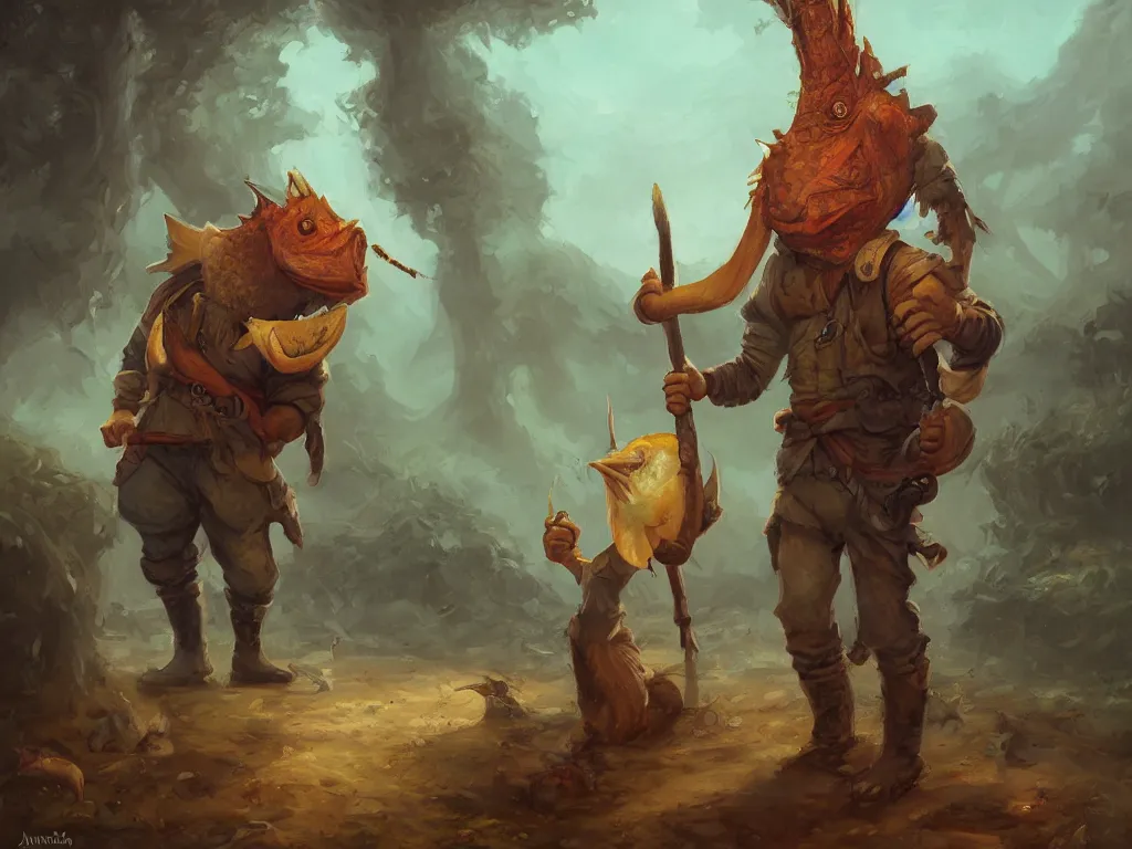 Prompt: man with fish head wearing farm clothes by andreas rocha, by justin gerard, by anato finnstark