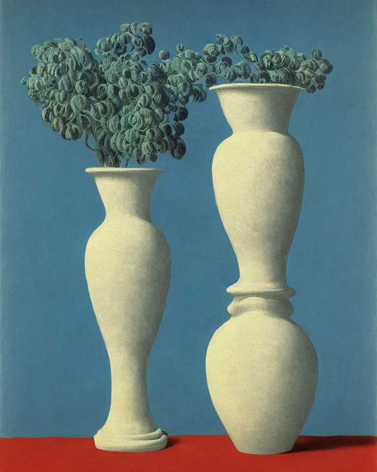 Prompt: achingly beautiful print of painted ancient greek vase on baby blue background by rene magritte, monet, and turner.