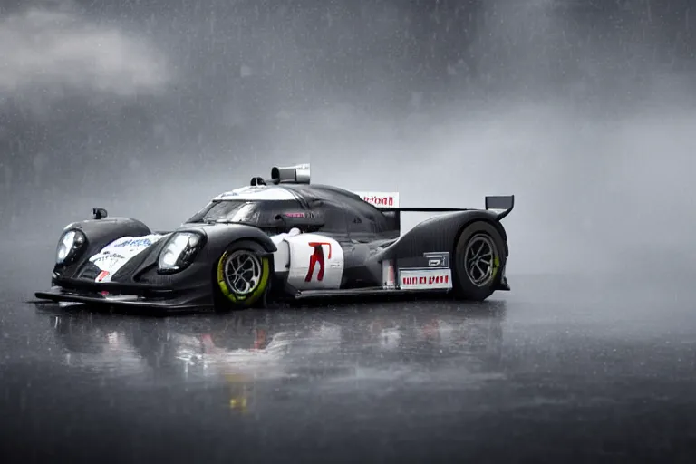 Image similar to detailed photo of the porsche 9 1 9 in heavy rain at circuit de spa - francorchamps, in the art style of nihonga