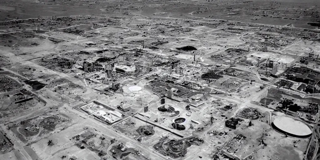 Prompt: ariel shot of irradiated post apocalyptic nuclear wasteland 1950s future destroyed las vegas strip black and white award winning photo highly detailed Arriflex 35 II, lighting by stanley kubrick
