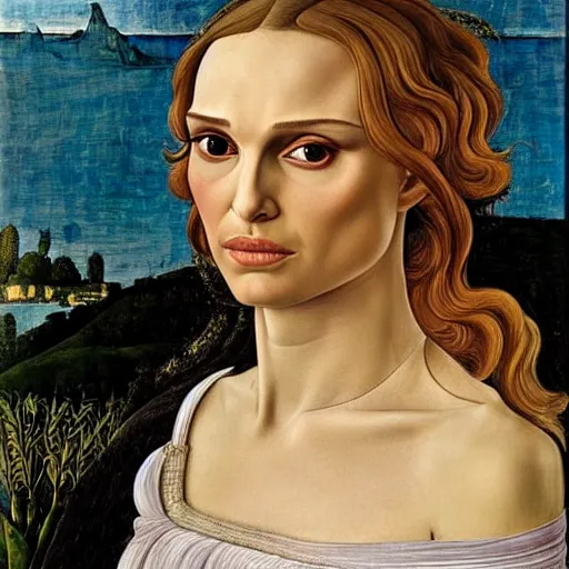 Image similar to natalie portman as gollum, elegant portrait by sandro botticelli, detailed, symmetrical, intricate