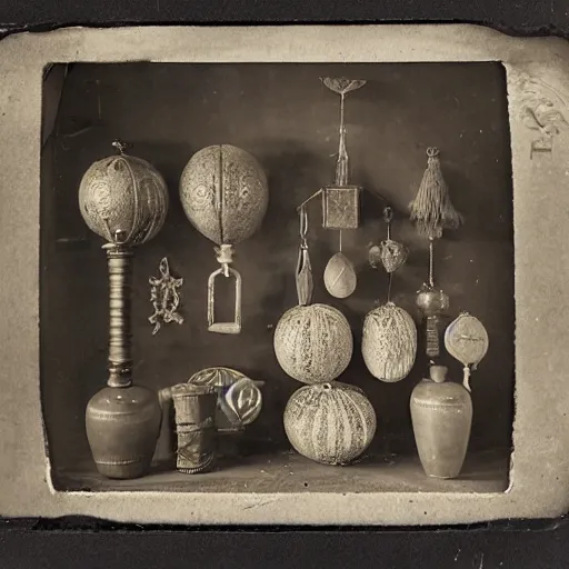 Prompt: Tintype photograph of a magical objects displayed in an ethnographic museum, archive material, anthropology, 1920s studio lighting.