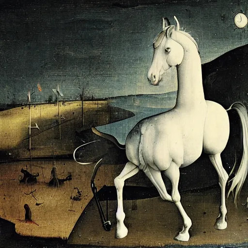 Image similar to white horse at night by hieronymus bosch