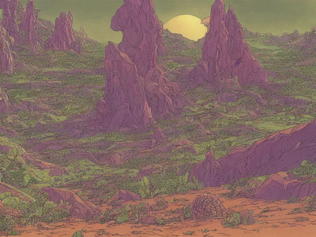 Prompt: moebius drawing painting lush alien landscape