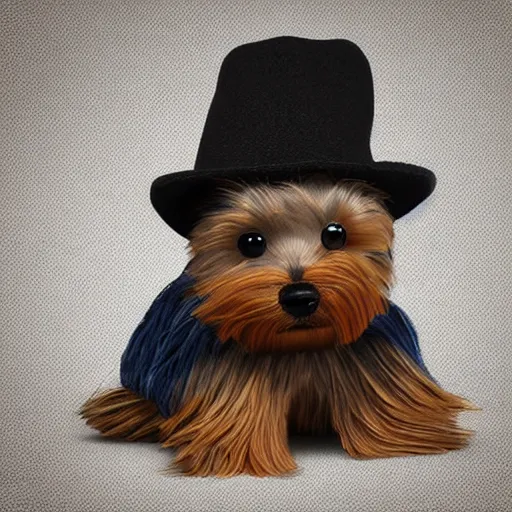 Image similar to a closeup photorealistic smiling knitted plush yorkshire terrier wearing a fedora hat.