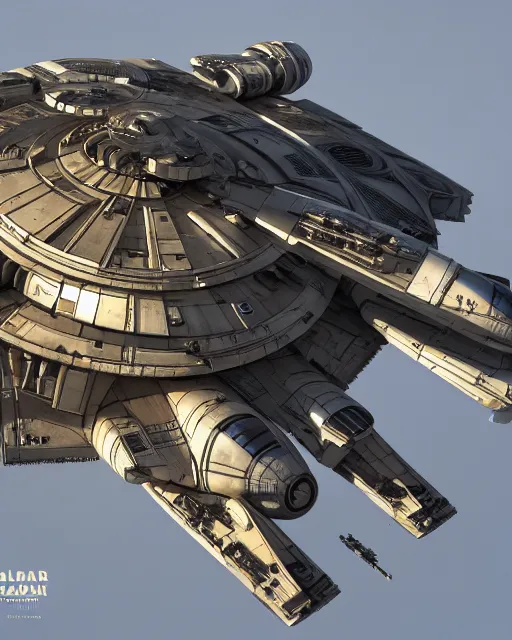 Image similar to Solarpunk Millenium Falcon, Star Wars, futuristic utopia, scifi, golden engines, white space ship, fine details, atmosphere, perfect, 8k highly detailed, sharp focus, trending on artstation