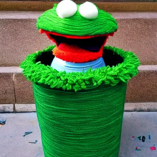 Image similar to oscar the grouch sesame street in a gold garbage can, yarn art