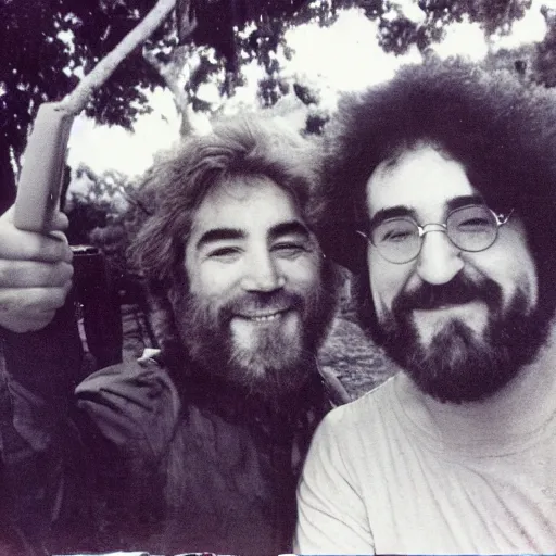 Prompt: Jerry Garcia taking a selfie with John Lennon outdoors