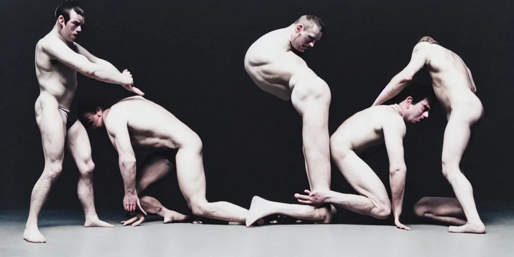 Image similar to full body portrait of men wrestling highly detailed sharp zeiss lens high contrast chiaroscuro detailed by gottfried helnwein ryan mcginley robert mapplethorpe david armstrong alexander mcqueen tom of finland