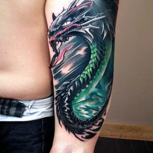 Prompt: simple anime manga full color dragon!! Emerald and obsidian dragon, forearm tattoo, tattoo