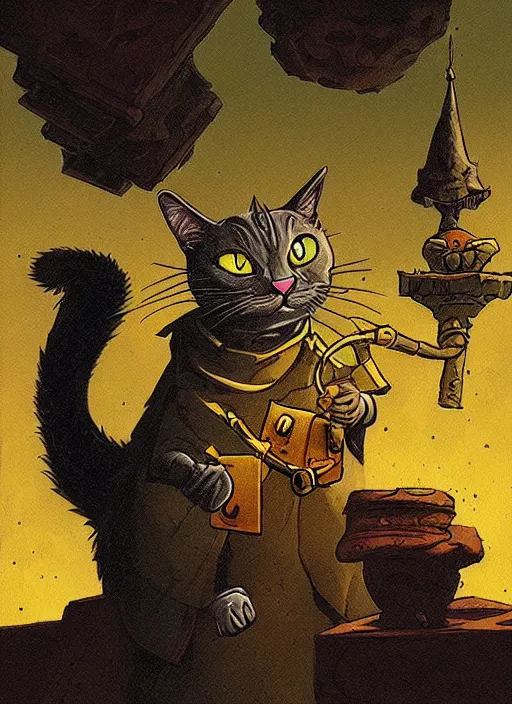 Image similar to highly detailed, hyper realistic wizard cat with a dungeon background by mike mignola