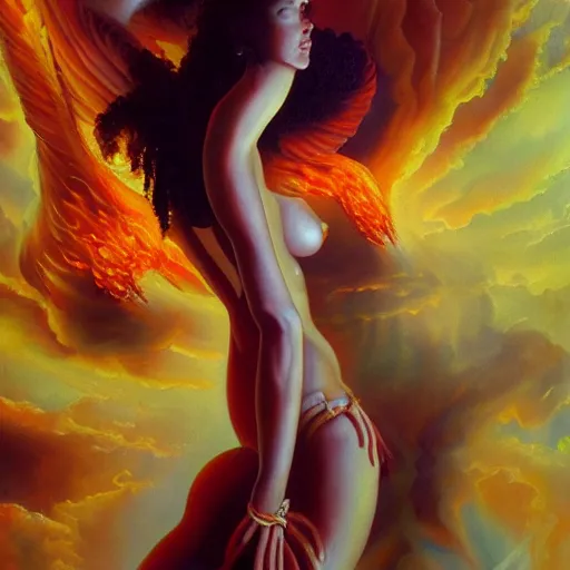 Image similar to A beautiful painting of a goddess with flames as her body by Jim Burns, 8K, ultra-detailed , Trending on artstation.