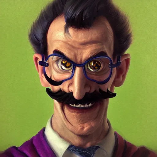 Prompt: portrait painting waluigi, silly, angry, rolling his eyes, painted by greg rutkowski,