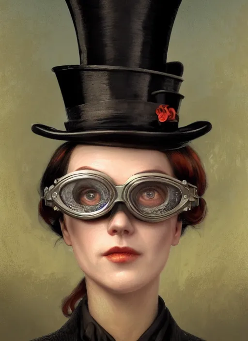 Image similar to highly detailed closeup portrait of jill the ripper wearing goggles and a top hat, stephen bliss, unreal engine, greg rutkowski, ilya kuvshinov, ross draws, tom bagshaw, tom whalen, alphonse mucha, nicoletta ceccoli, mark ryden, earl norem, global illumination, god rays, detailed and intricate environment