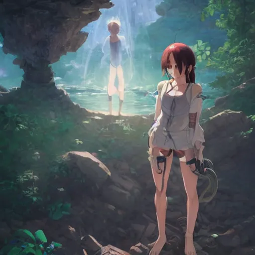 Prompt: a full body portrait of a woman emerald herald explorer exploring lost ruins, sun lighting, water, finely detailed features, perfect art, at an ancient city, gapmoe yandere grimdark, trending on pixiv fanbox, painted by greg rutkowski makoto shinkai takashi takeuchi studio ghibli,, akihiko yoshida