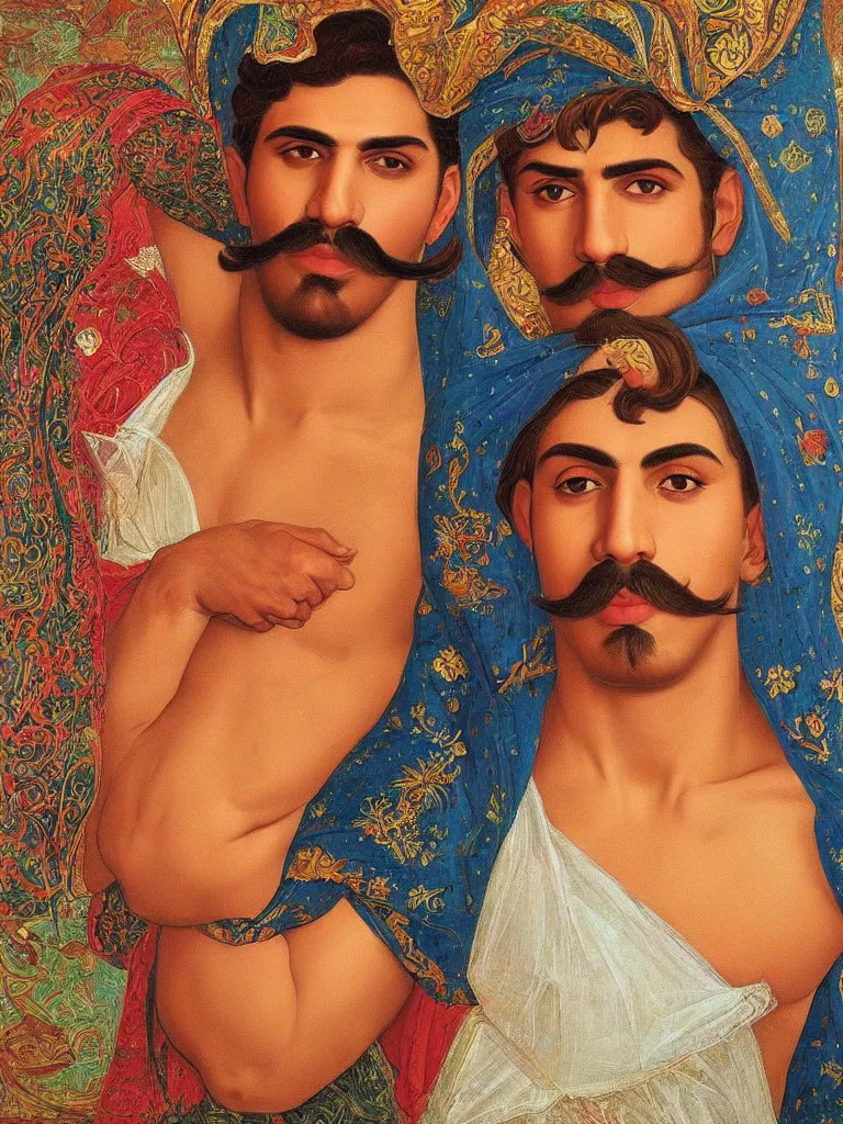 Prompt: portrait of a 20 years old muscular persian iranian wrestler handsome man with a mustache by victor Nizovtsev and botticelli