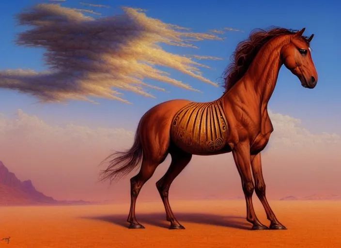 Image similar to horse standing in desert, intricate, elegant, highly detailed animal, digital painting, artstation, concept art, smooth, sharp focus, illustration, art by artgerm, bob eggleton, michael whelan, stephen hickman, richard corben, wayne barlowe, trending on artstation and greg rutkowski and alphonse mucha, 8 k