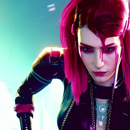 Image similar to female V from Cyberpunk 2077 wearing spiked black choker, steel collar, steel choker, punk, steel collar, 4K, realistic, spiked collar, art, beautiful, hd