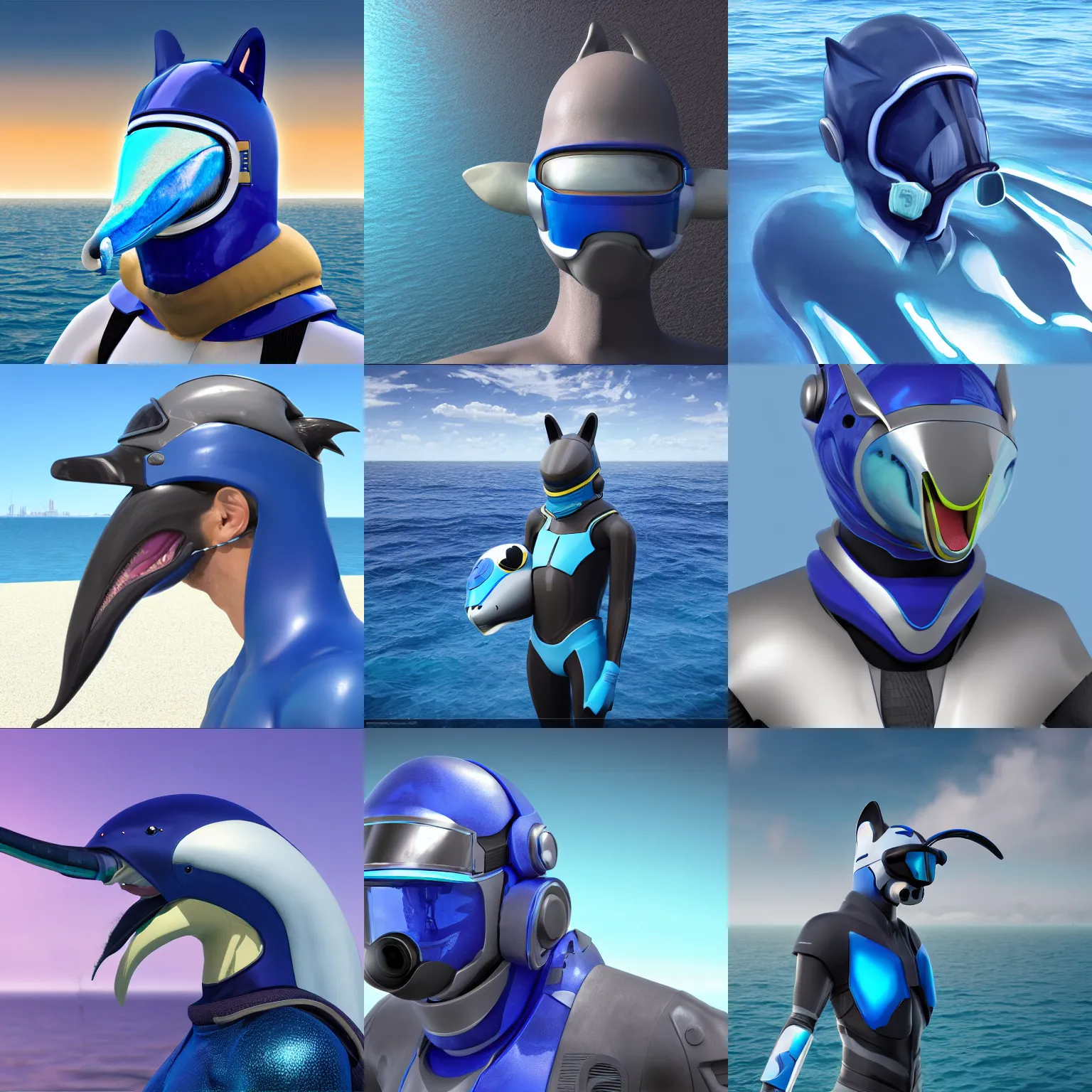 Prompt: furry art, male anthro dolphin hybrid android, face covered by visor, wide beak protruding under visor, ultramarine metal, sea in background, fursona commission on furaffinity, 3 d, cgsociety, octane render