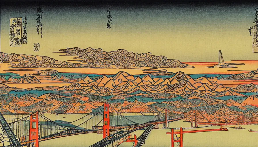 Prompt: sunset over the san francisco bay area by utagawa kunisada