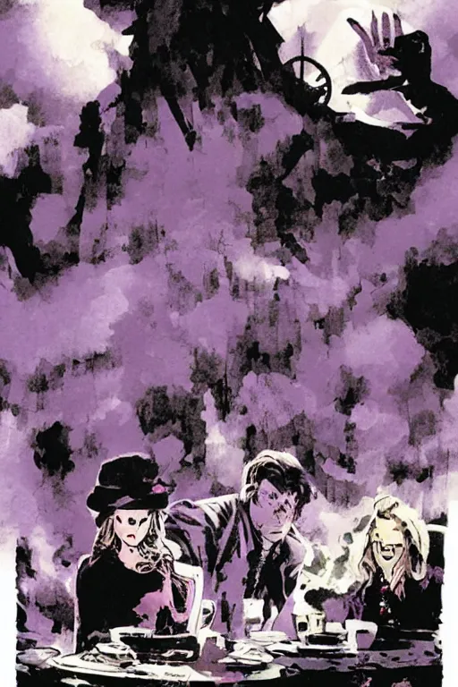 Prompt: a tea party in the clouds, graphic novel, high contrast, by bill sienkiewicz