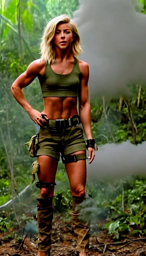 Image similar to cinematic action scene with julianne hough as a commando in the jungle, crop top, boy shorts, boots, dramatic smoke, still frame