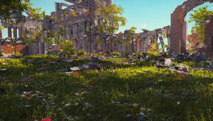 Image similar to craft garden built in destroyed washington dc's ruins, sunny day, hyperdetailed, artstation, cgsociety, 8 k