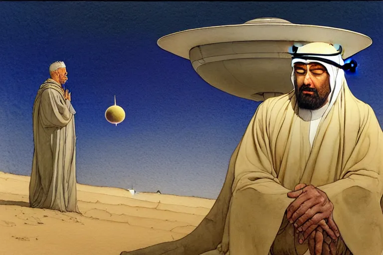 Prompt: a hyperrealist watercolour character concept art portrait of a middle eastern merchant keeling down in prayer in front of an elegant alien with 1 2 eyes on a misty night in the desert. a ufo is in the background. by rebecca guay, michael kaluta, charles vess and jean moebius giraud