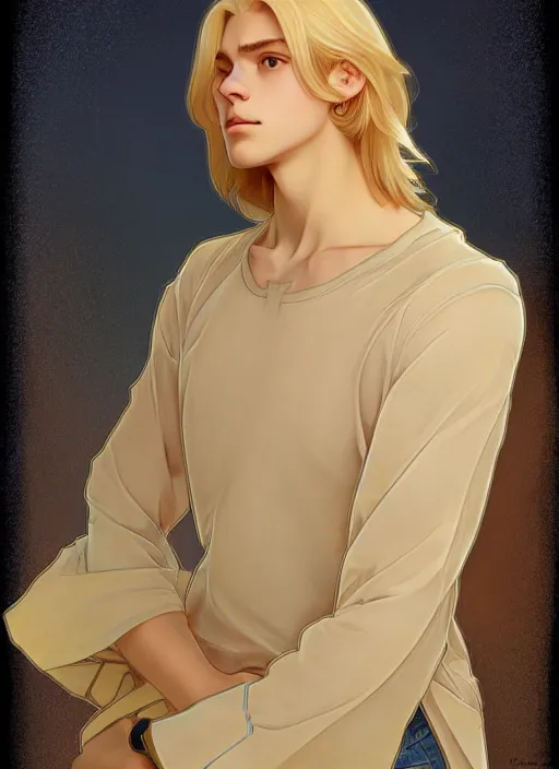 Image similar to pretty young man with shoulder length shiny shimmering golden blond hair, half body shot, path traced, highly detailed, high quality, digital painting, by studio ghibli and alphonse mucha, leesha hannigan, hidari, disney