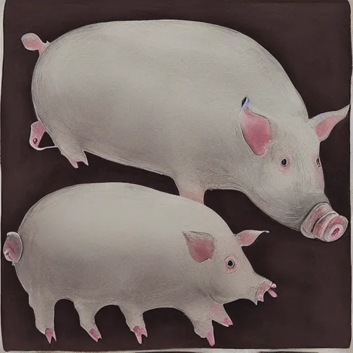 Image similar to “pig paintings and pig sculptures in a pig art gallery, pork, ikebana white flowers, white wax dripping, squashed raspberry stains, charcoal on paper, by munch and Dali”