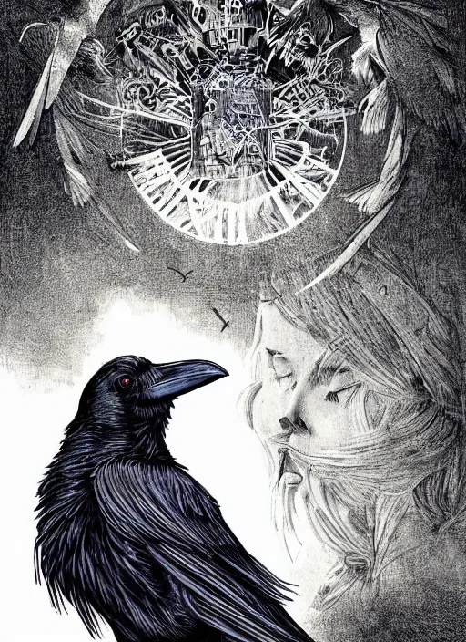 Prompt: cry for dawn cover depicting a raven by joseph michael lisner, masterpiece ink illustration,