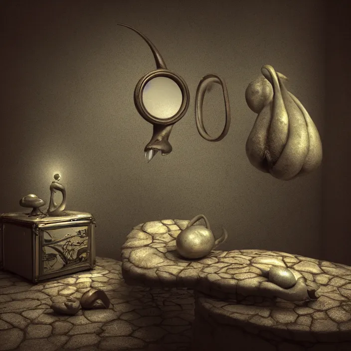 Image similar to random objects in a surreal dreamscape environment by salvador dali, highly detailed, 3 d render, vray, octane, realistic lighting, photorealistic