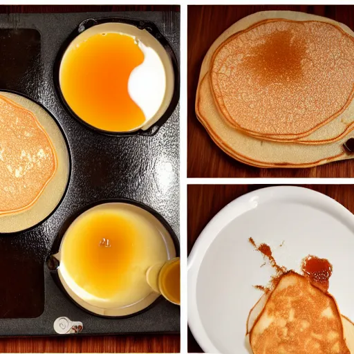 Prompt: A highly detailed scientific diagram on making pancakes with honey