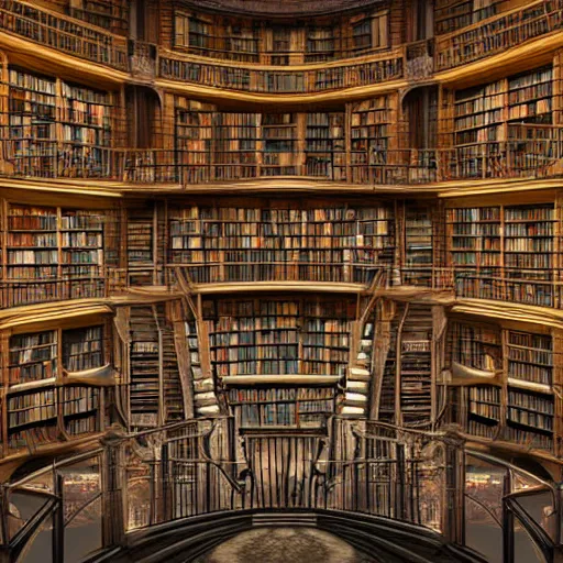 Prompt: a giant library, interior, tons of rooms, stairs to an upper floor, digital art