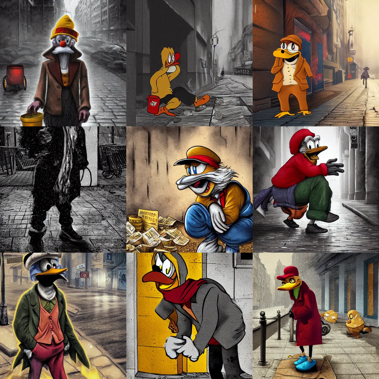 Image similar to hyper realistic digital painting of scrooge mcduck homeless on the street, rough and ripped clothing, detailed, 8 k, cold, digital art, bold, desaturated colors, cinematic