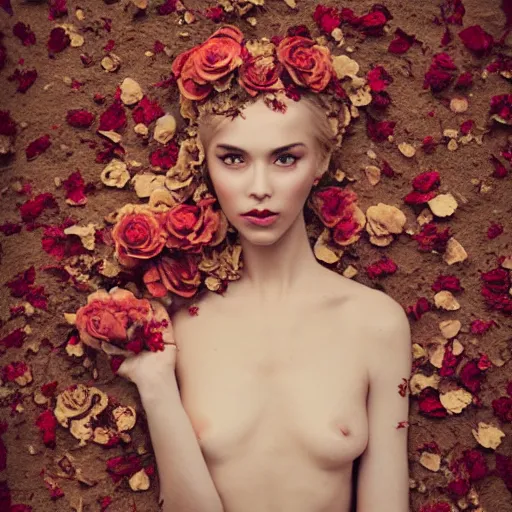 Image similar to full body fine art photo of the most beautiful woman, she is covered with dried roses, taken by oleg oprisco