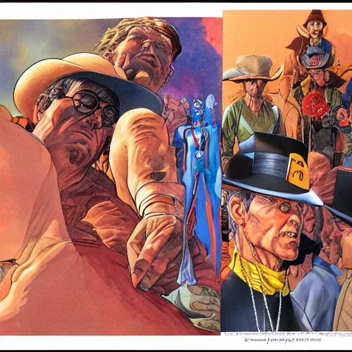 Prompt: jean giraud and moebius and don lawrence and alex ross and john romita jr, gouache and wash paints, detailed details / desperate life of john doe