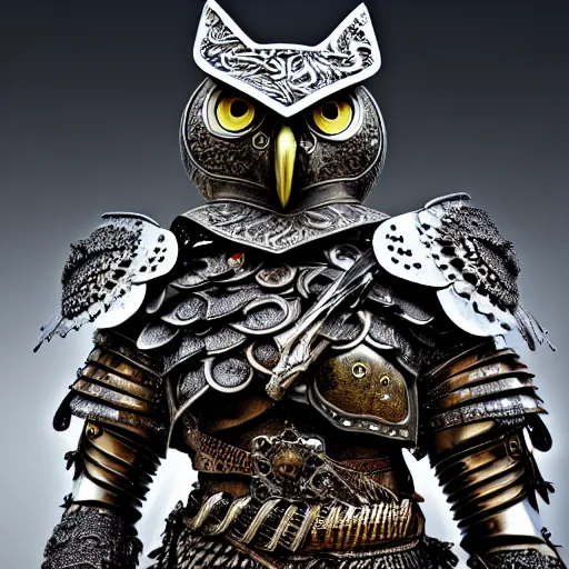 Prompt: photo of a warrior with metal owl jewell encrusted armour, highly detailed, 4k, HDR,