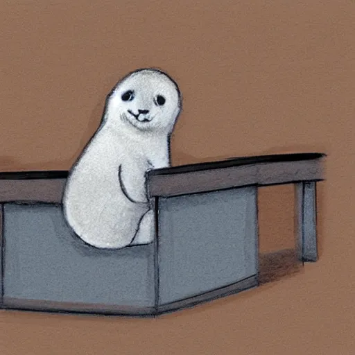 Image similar to a baby harp seal in an orange prisoner jumpsuit at the witness stand, courtroom sketch