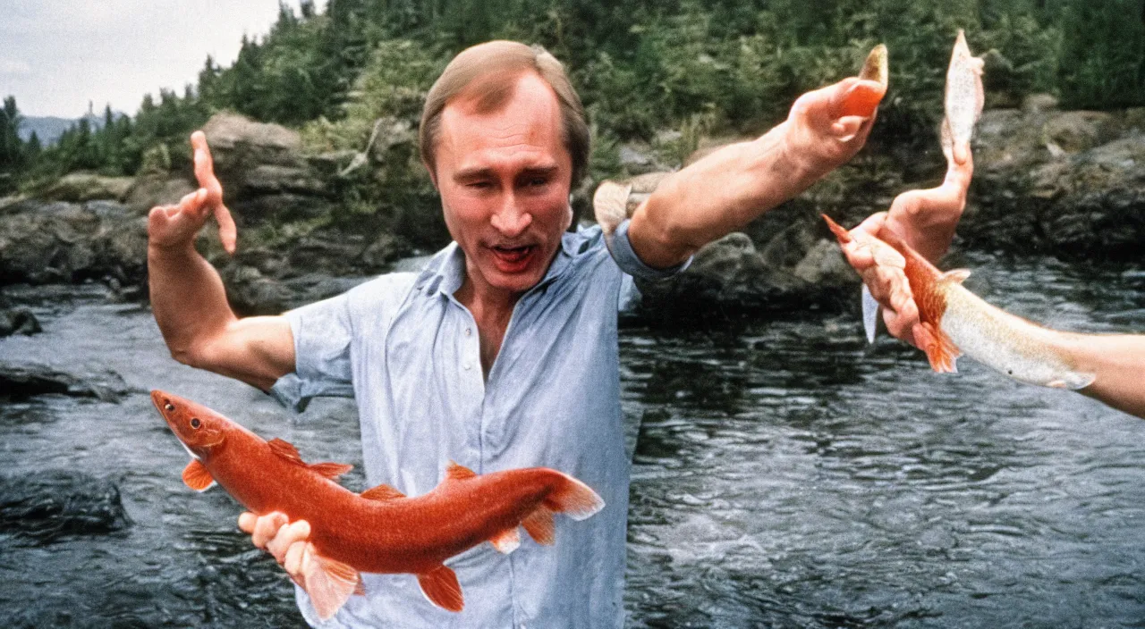 Image similar to 7 0 s movie still of putin catching a salmon with his hands, cinestill 8 0 0 t _ 3 5 mm eastmancolor, heavy grain, high quality, high detail