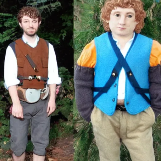 Image similar to british lad with short curly dark brown hair as a hobbit wearing a white men's crossbody sling chest bag and blue vest