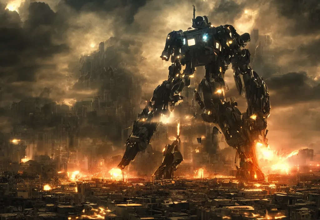 Image similar to mecha peronist destroying a city, photorealistic, film, cinematic lighting, octane tender, volumetric light, dark - art