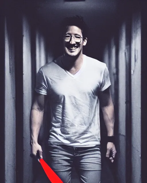 Image similar to markiplier holding a knife smiling in a dark hallway in a never ending warehouse | | epic - fine - clean, polished, trending on artstation, brush strokes