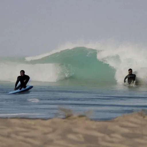 Prompt: 2 person surfing on wave made of comic dust located in desert nearby the pyramids